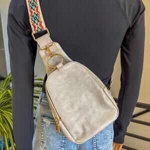 Moda Luxe Regina Vegan Leather Sling Backpack Gray Silver Boho Guitar Strap 888